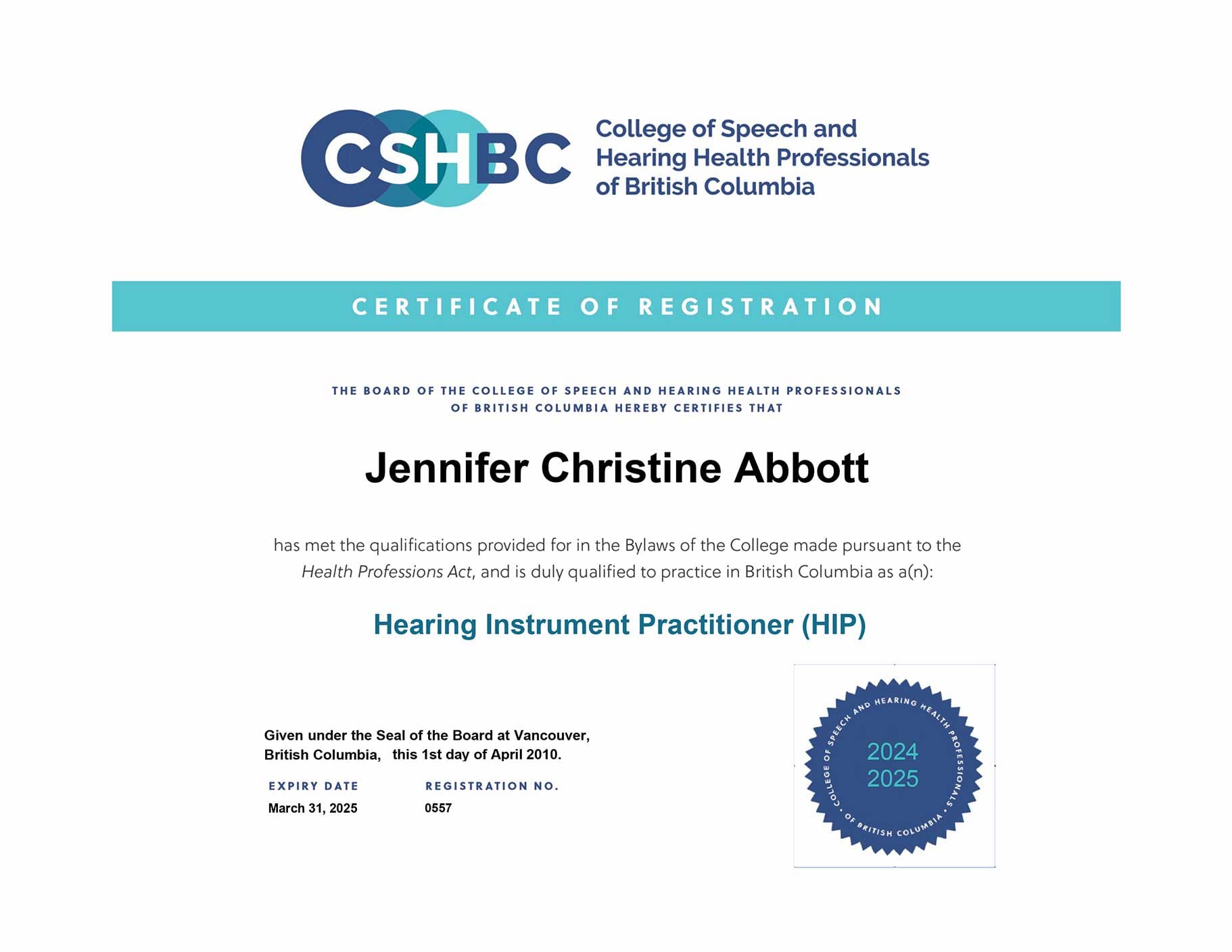 Jennifer Abbott, Certification by College of Speech and Hearing Professionals of BC